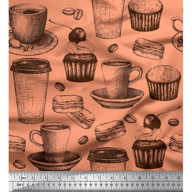 Soimoi Silk Fabric Burger,Cupcake & Cups Print Sewing Fabric Yard 42 Inch Wide
