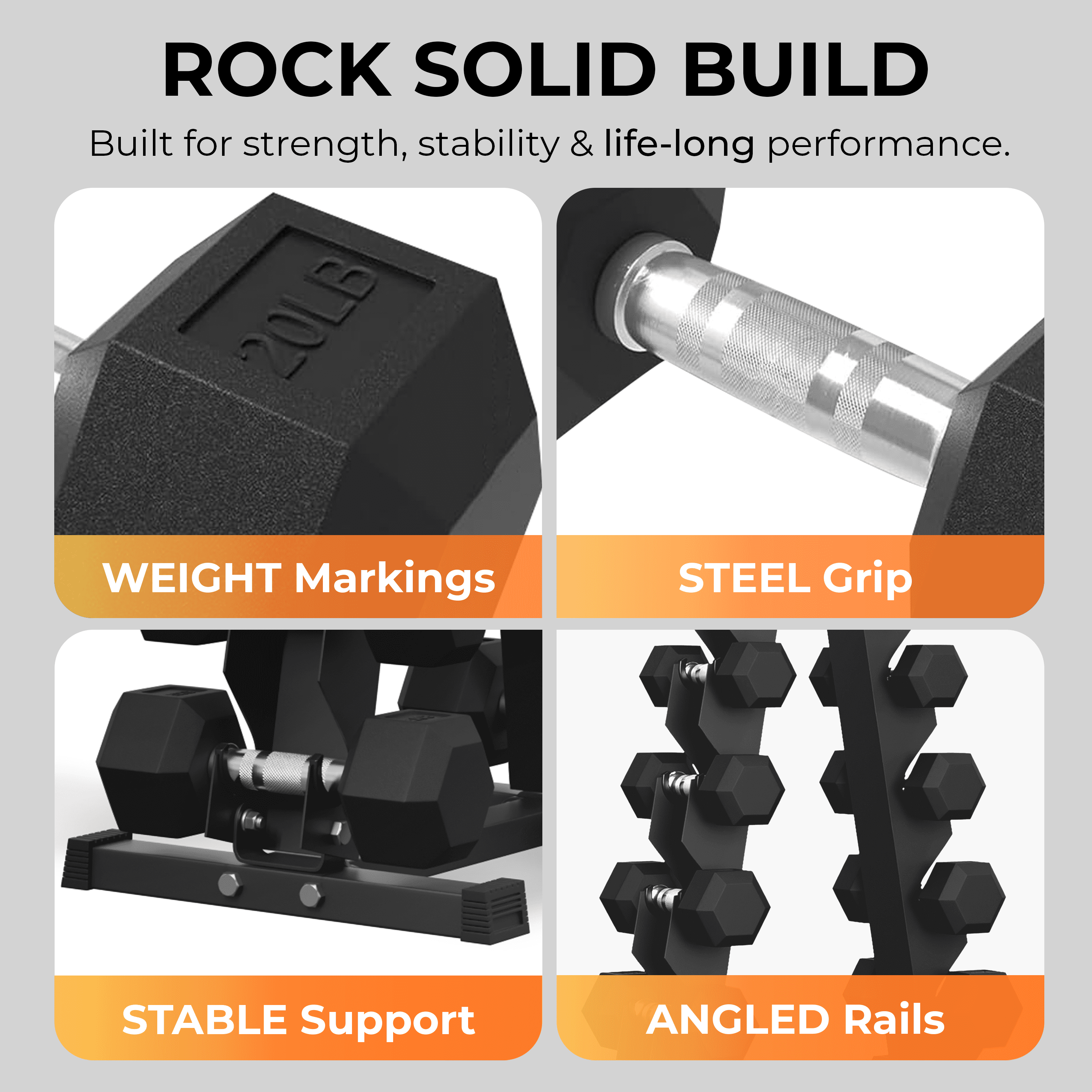 Rubber Hex Dumbbell Set with Rack, 8 Pair of 10-50 lb (450lbs) Rubber Coated Dumbbell Set with Rack Stand, Weight Rack with Dumbbells