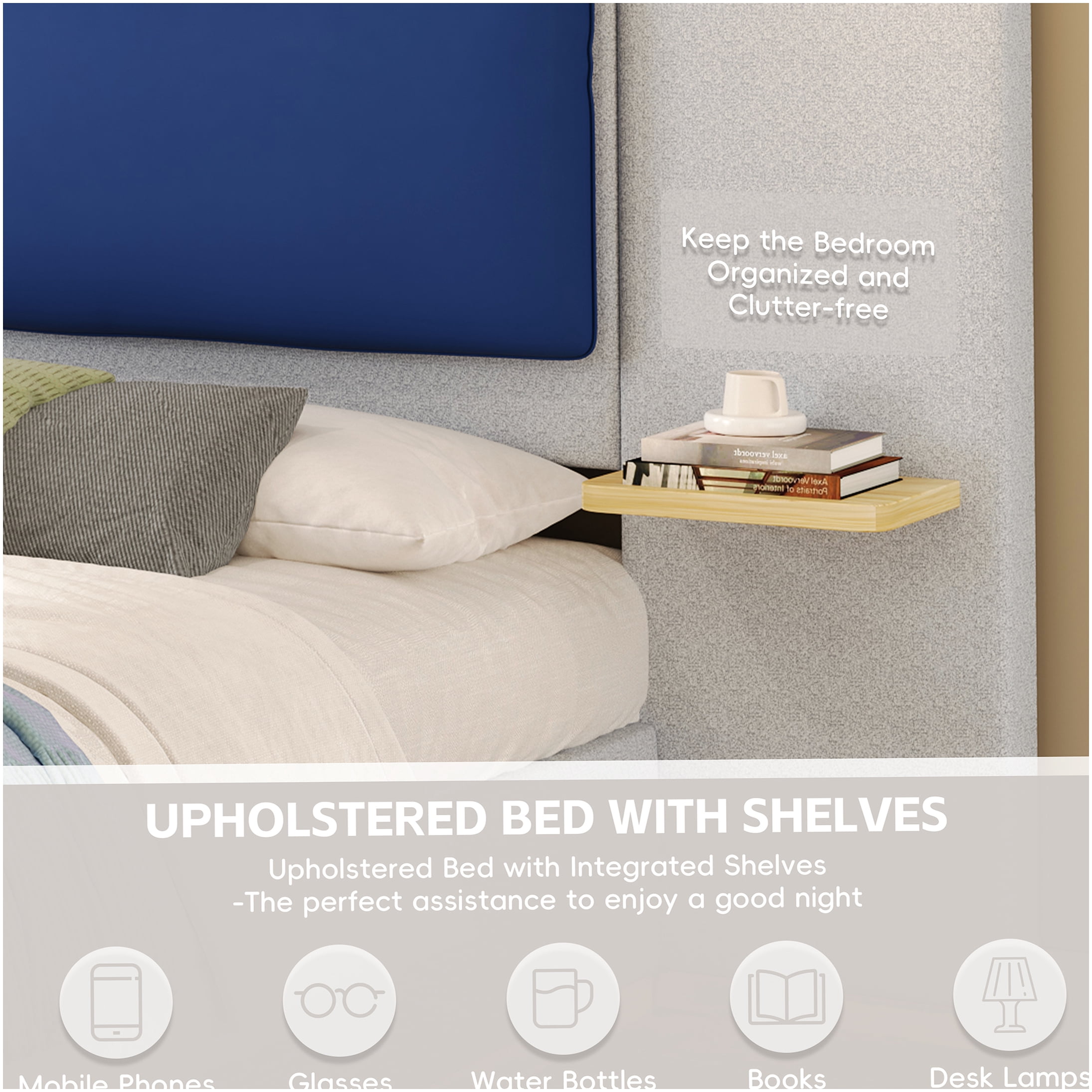 Queen Upholstered Storage Bed Frame with Shelves, Blue Grey Fabric Headboard, No Box Spring Needed, Noise Free Platform Bed