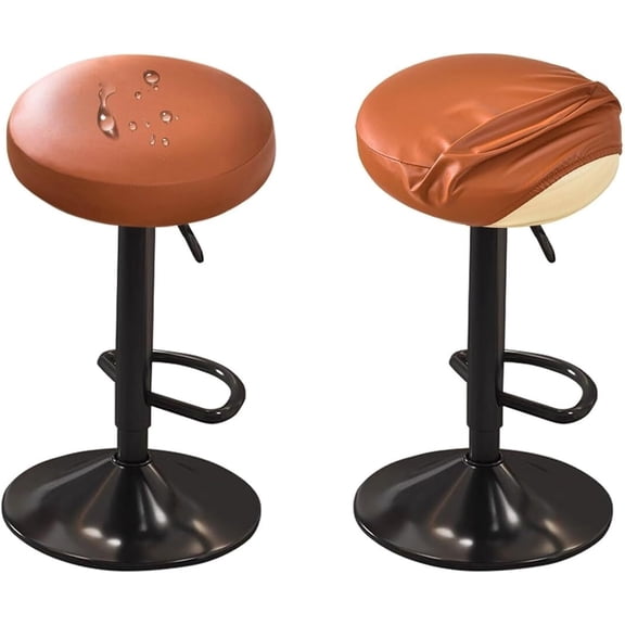 Bar Stool Covers Round Set of 2/4 Waterproof PU Leather Bar Stool Seat Covers with Elastic Bands, Bar Stool Chair Covers Washable Stool Cushion Slipcover(Brown,Set of 2)