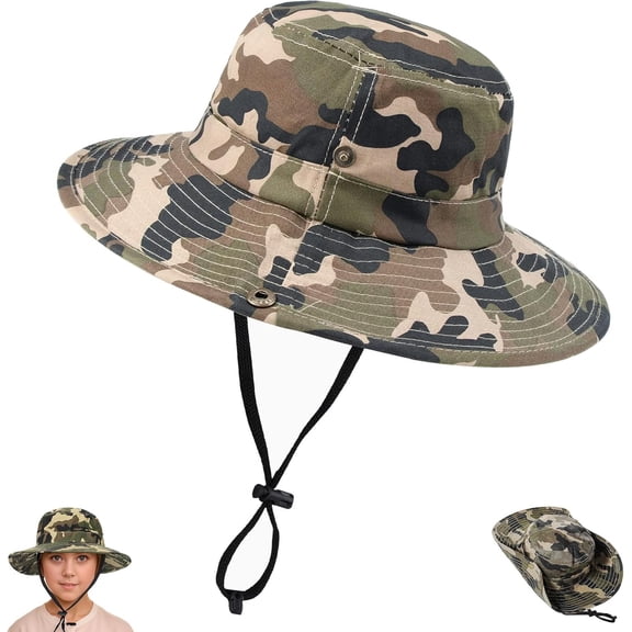 Camo Sun Hats for , Quick-Dry Wide-Brim Sun-Protection Safari Fishing Bucket Hat, Army-Green 2-14Y