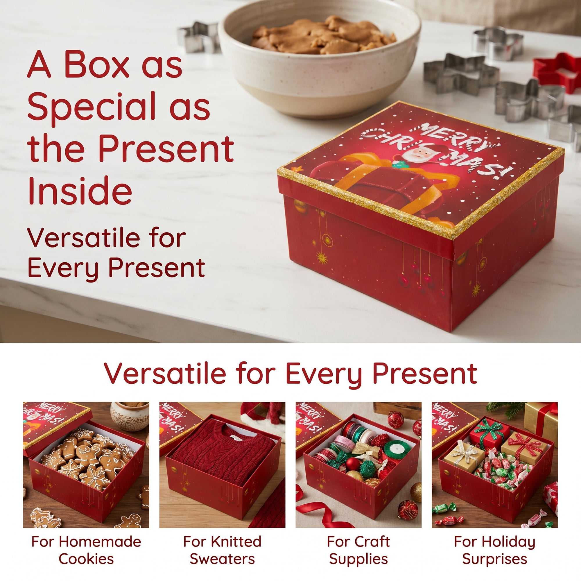 Unique Bargains Elegant Gift Box with Lid Featuring Christmas Pattern Red 7.9"x7.1"x3.9"
