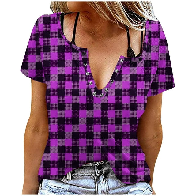 Liquidation d'Économies! Hauts pour Femmes Grande Taille, Blouse d'Été à Manches Courtes pour Femmes, T-shirt Blouse à Col Rond à Boutons Imprimé à Manches Courtes pour Femmes