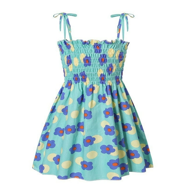 MIASHUI Robe Fleurie pour Tout-Petites Filles, Robe Trapèze à Smocks, Robe d'Été de Plage pour Filles, Vert Menthe, 18-24 Mois