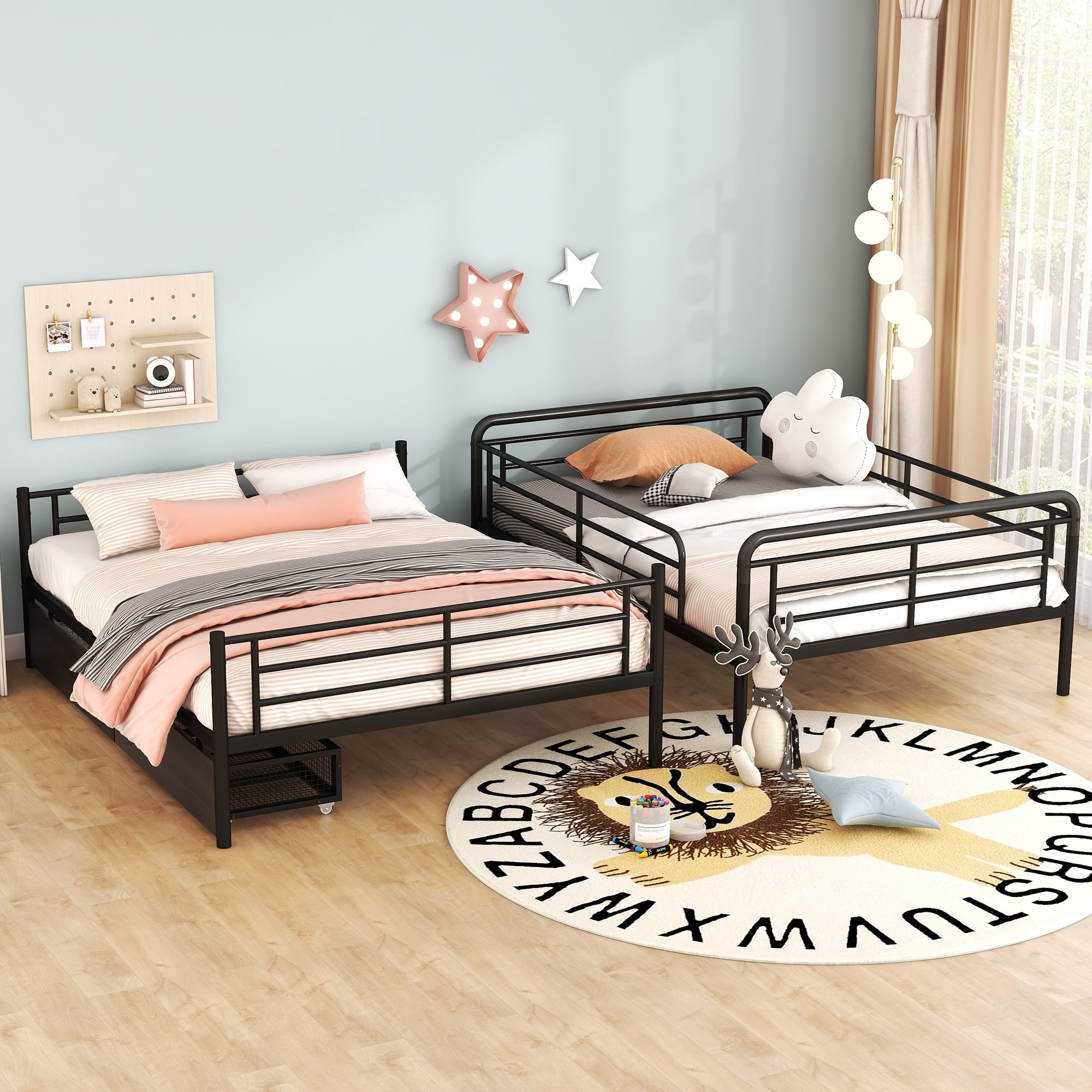 Aukfa Full XL over Queen Metal Bunk Bed with 2 Drawers for Teens, Adults, Dorm, Black