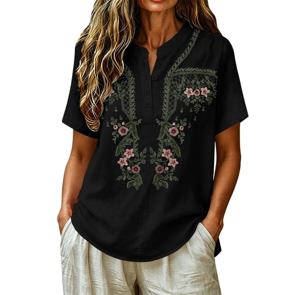 Women's Embroidered Tops Floral Tunic V Neck Short Sleeve T Shirt Summer Casual Tops Peasant Tunic Loose Blouse QURATI