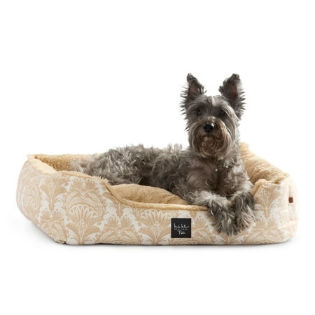 NICOLE MILLER NEW YORK PET Mod Damask Plushy Bolster Pet Bed, Cozy & Calming, Water Repellent, Non-Slip Bottom, 100% Machine Washable, Taupe, Extra Small 19"x15"x6"