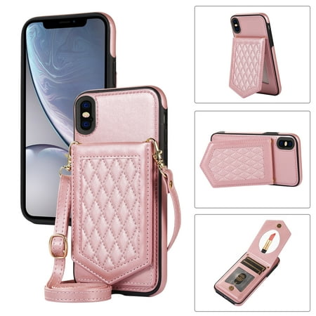 Nalacover Back Mirror Flip Case for iPhone XS, iPhone X, Wallet Case Crossbody PU Leather with Card Holder Kickstand Phone Case Detachable Shoulder Strap Handbag For iPhone X/XS, Rosegold
