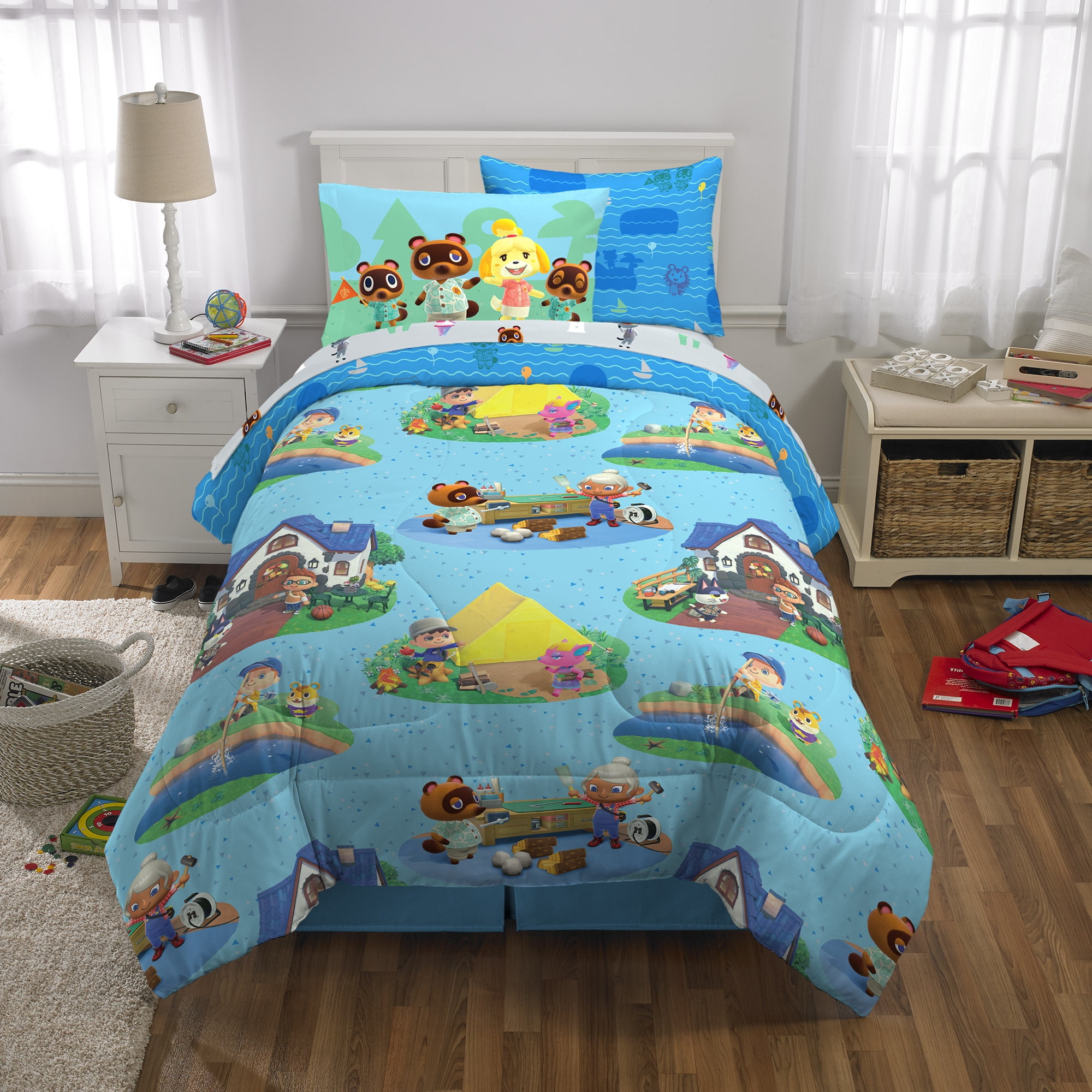 Animal Crossing Kids Twin Bed in a Bag, Comforter Sheet Set and Bonus Tote, Blue, Nintendo