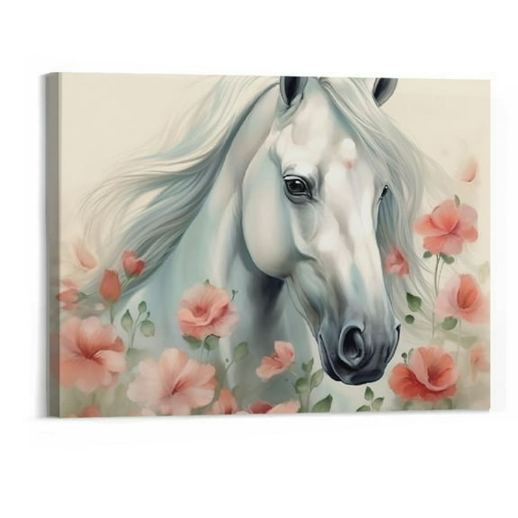 Orinice White Horse Canvas Wall Art Horse and Pink Floral Picture Rustic Animal Painting Wildlife Poster Home Farmhouse Decor Frame 20x16in