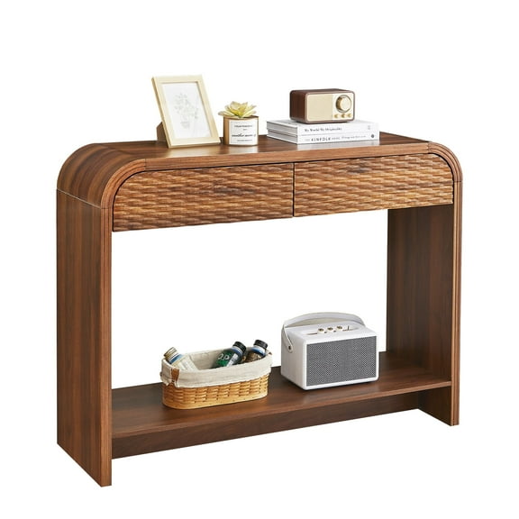 YOCWO Console Table with 2 Drawer and Open Storage Shelves, Sofa Table Entryway Table with Curved Edge and Carved Ratten Drawer for Living Room Hallway Bedroom, Walnut