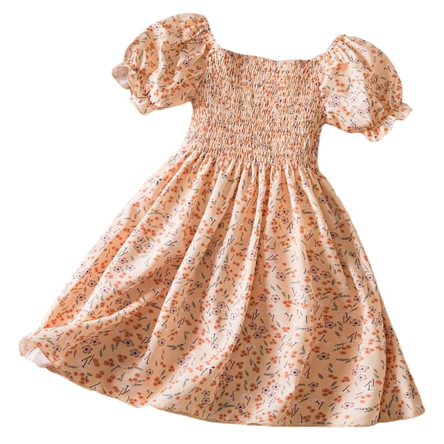 Robes pour Filles Imprimé Fleuri Manches Courtes Cadeau Tendance pour Fans Robe de Princesse Décontractée Jaune 4-5 Ans