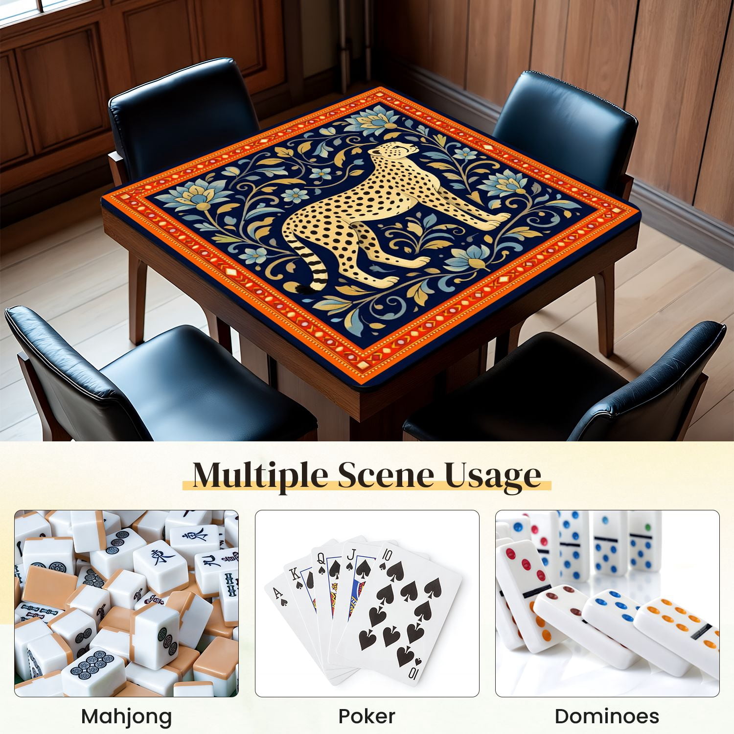 Mahjong Mat 31.5" x 31.5" Cheetah Blue Gold Floral Dark Non-Slip Noise Reduction Mahjong Tiles Table Cover for Dominoes Poker Card Board and Tile Games