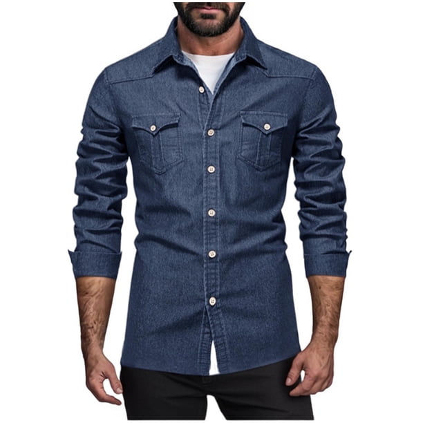 pstuiky camisa de manga larga para hombre, Camiseta lisa de manga larga con cuello vuelto para hombre, blusa informal, elegante, cómoda, con bolsillos y botones top de hombre xl