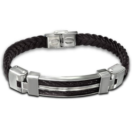Brown Leather Cord Bracelet - Men's Stainless Steel and Brown Leather Cord Bracelet, 9