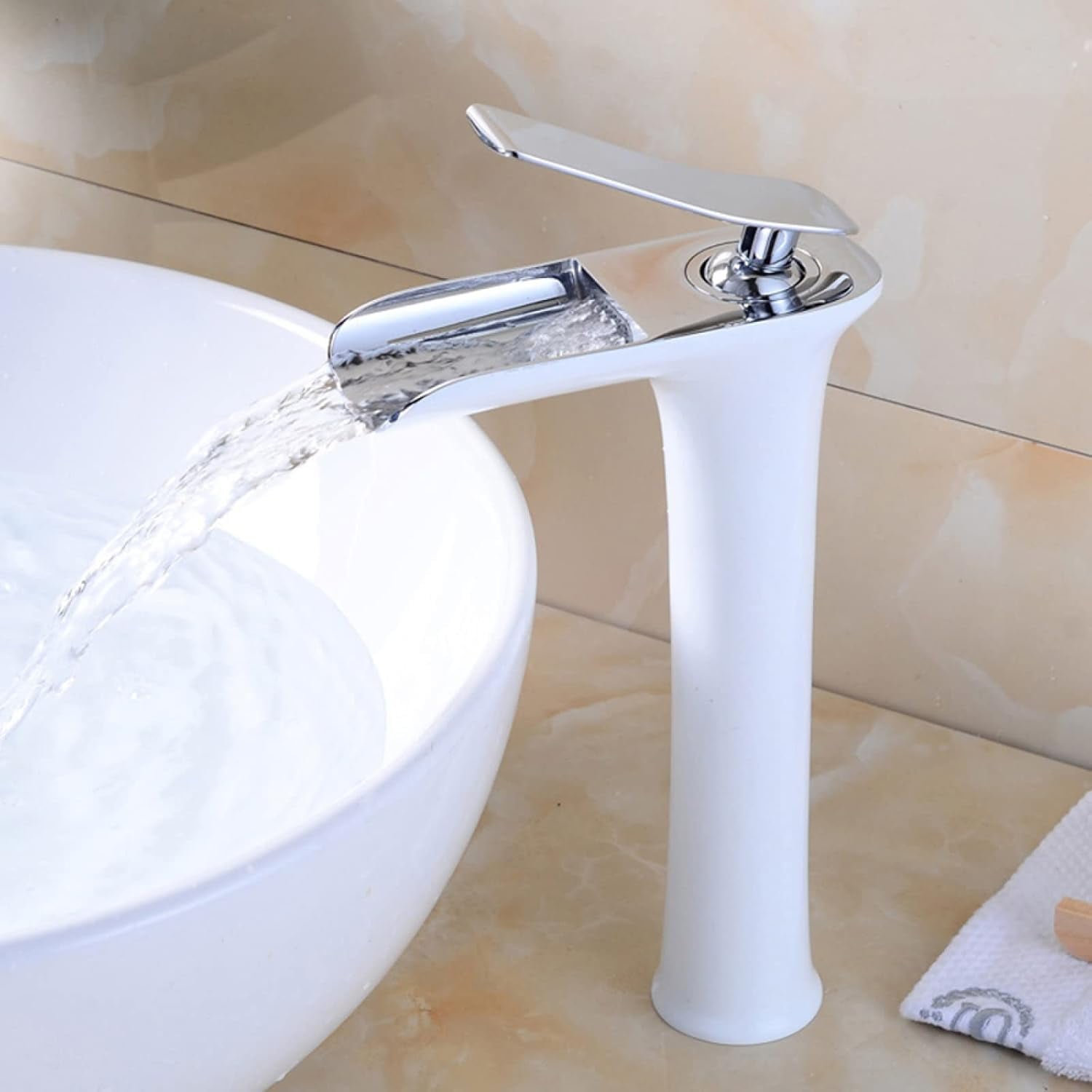 Bathroom Faucet Waterfall, Hot and Cold Sink Mixer Tap Faucet, Solid Brass, Waterfall Single Handle Bathroom Sink Faucet Tall, White Gold