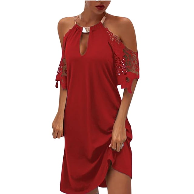 Fridja Robe Longue Unie pour Femmes en Dentelle à Manches Courtes, Col Rond, Dos Nu, Coupe Ample