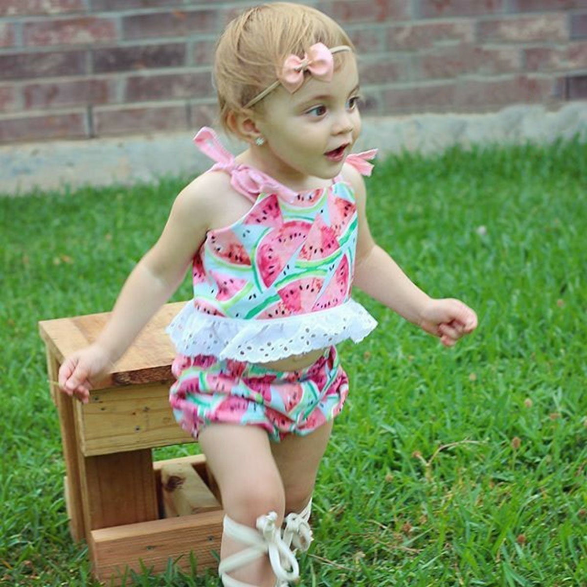 2pcs/set Baby Girl Watermelon Print Clothing Set Lace Slip Tank