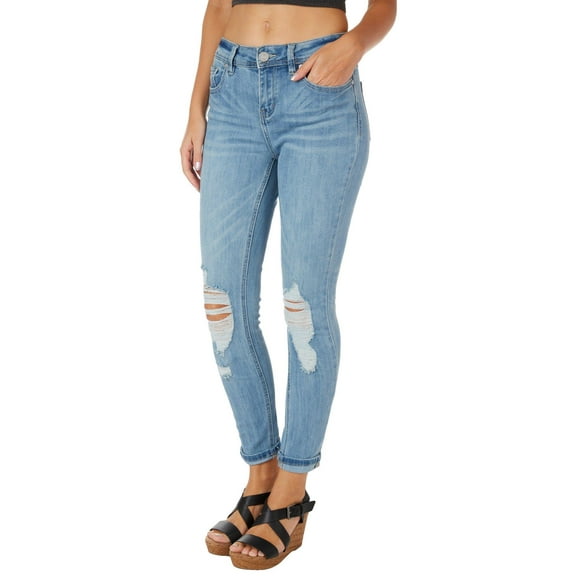 Indigo Rein Juniors Deconstructed Knees Rolled Cuff Jeans 3 Light wash