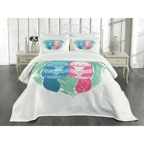 Ambesonne Otter Quilted Bedspread Set 3 Pcs, Semiaquatic Animal, King Size, Mint Green Blue Pink