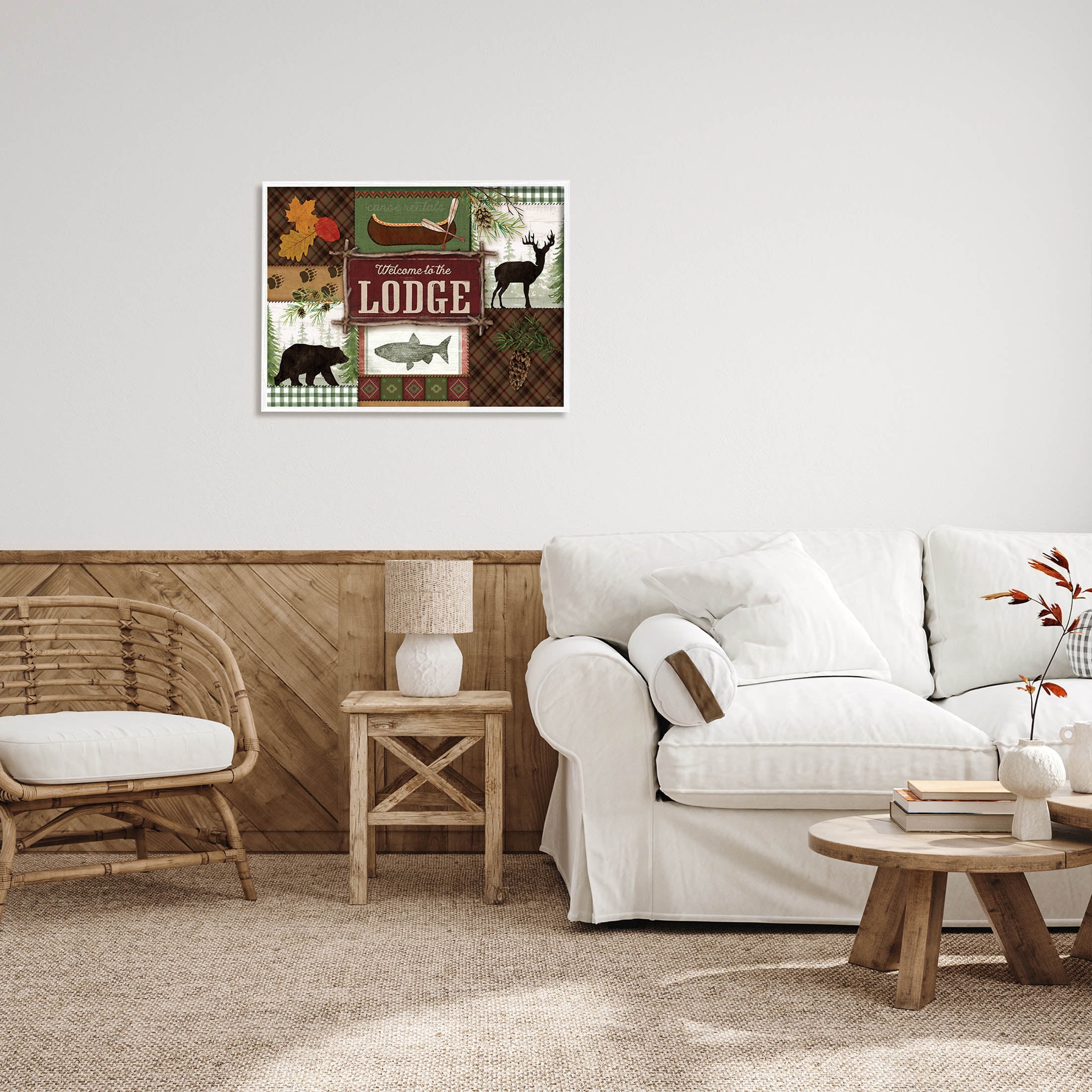 Welcome Lodge Plaid Wildlife Sign Animals & Insects Graphic Art White Framed Art Print Wall Art