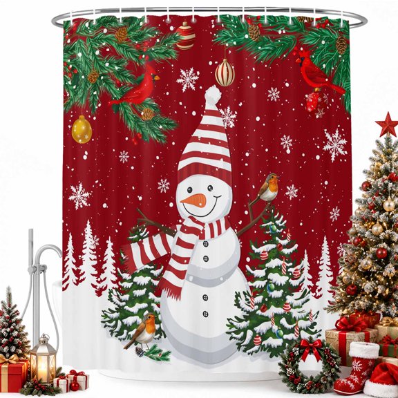 Snowman Christmas Tree Snowflake Shower Curtain for Bathroom, Bird Xmas Ball on Red Waterproof Shower Curtains Washable Quick Dry with Hooks Bathtub Curtains 36x72IN