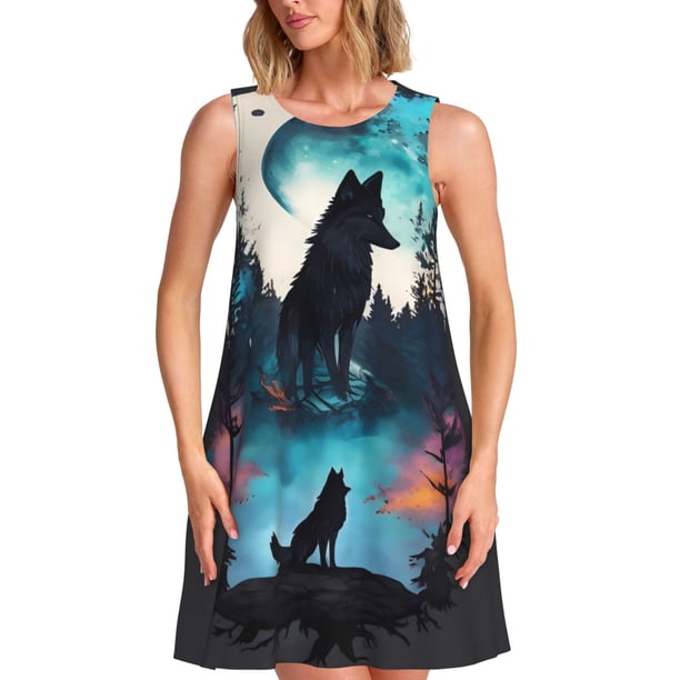 Balery Artistic Moon Valley Wolf Vestidos de verano para mujer con estampado: vestido holgado sin mangas, vestido playero informal y cómodo para días calurosos.