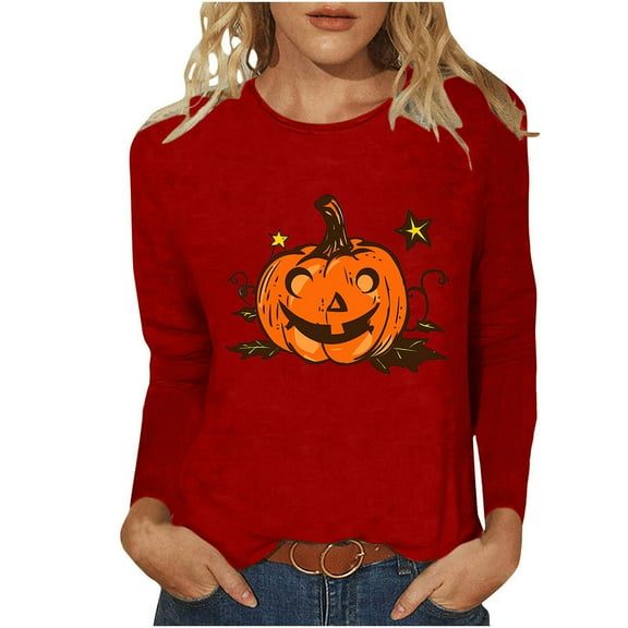 LYEAA Halloween Plus Size Womens Shirts Long Sleeve Crew Neck Regular Straight Cuff Casual Wear Printed Holiday Clothes Red 2XL