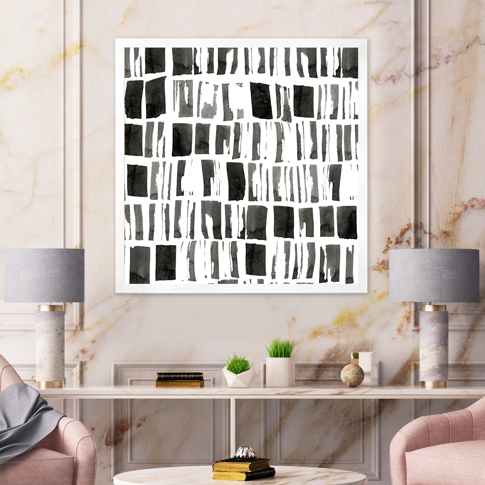 Designart 'Abstract Black and White Bricks' Modern Framed Art Print