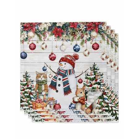 

Christmas Poinsettia Cloth Napkins Set of 4 Xmas Snowman Squirrel Flower Wood Washable Reusable Dinner Cocktail Napkin for Kitchen Party Wedding Banquet Holiday Baby Shower Table Decor