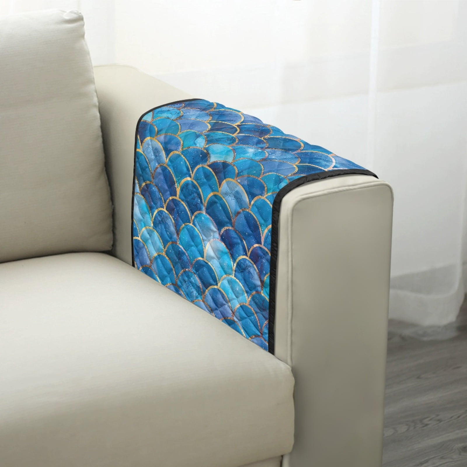 TSOVTHRID Blue White Mermaid Scales Glitter Print Couch Arm Covers with 2 Side Storage Pockets, Anti-Slip Armrest Cover for Sofa, Chair, Loveseat, Recliner Arm Covers