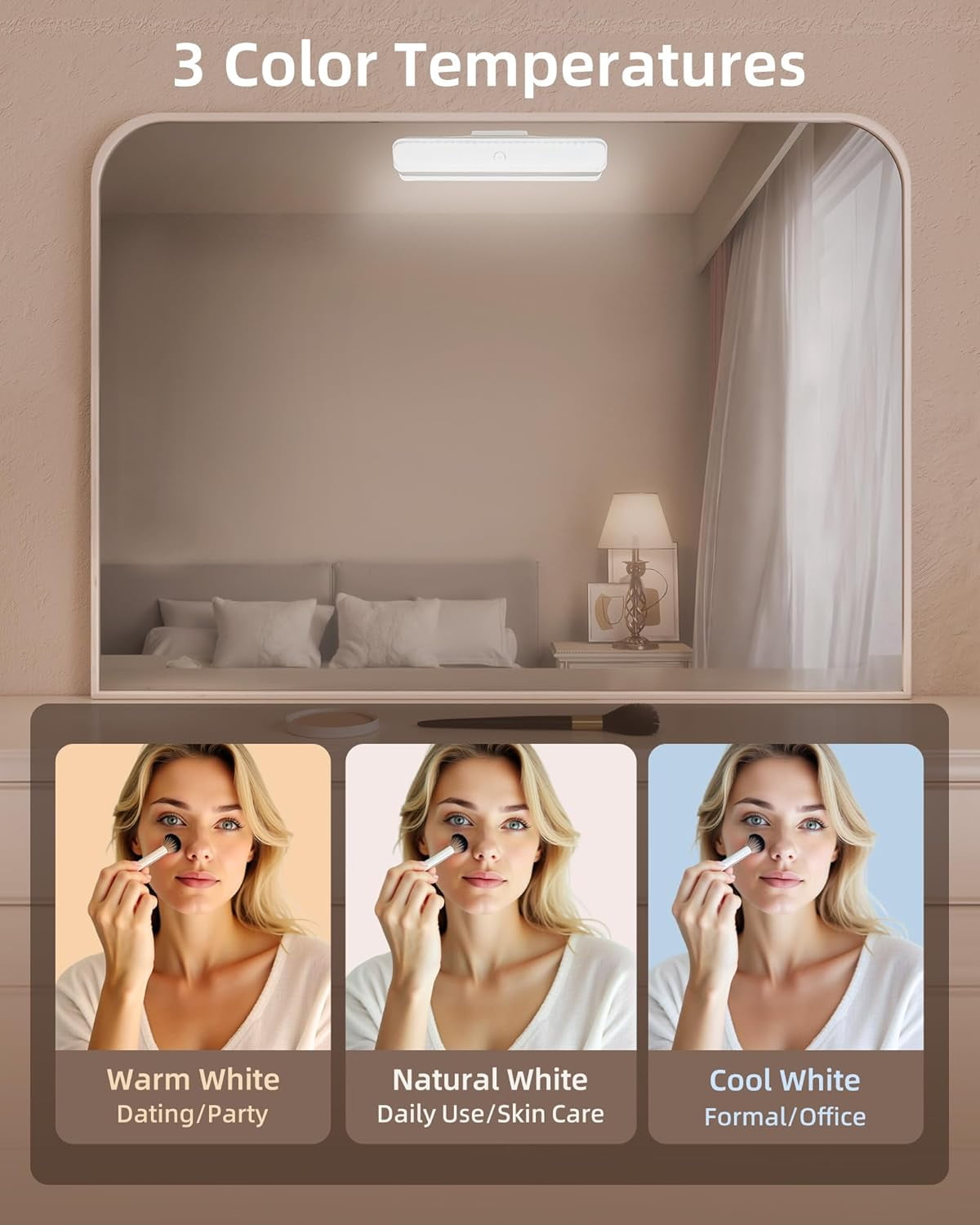 RGHJAR-Wireless Makeup Light 1 Pack, Vanity Lights for Mirror, Bathroom Vanity Light, Rechargeable, 3 Color Temperatures, Stepless Dimming, Touch Control, Adjustable Angle, Women's Gifts
