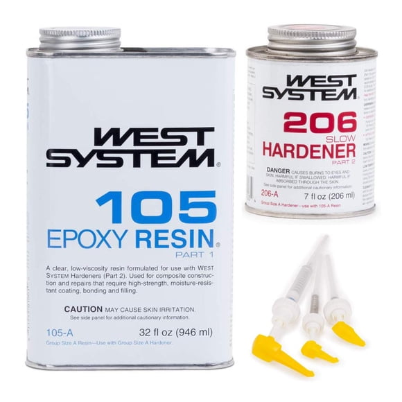 West System 105A Epoxy Resin (32 fl oz) Bundle with 206A Slow Epoxy Hardener (7 fl oz). Also Includes one Resin and one Hardener Pump.