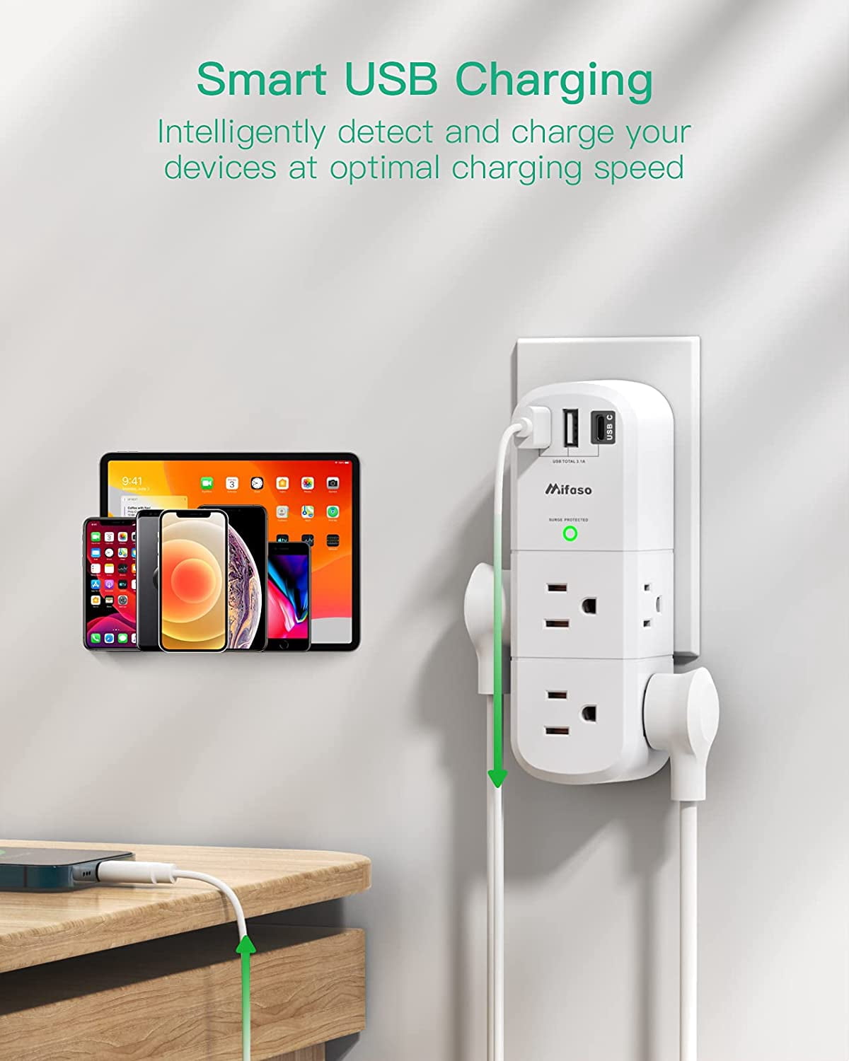 RGHJAR-Outlet Extender with Rotating Plug, Surge Protector 6 AC Multi Plug Wall Outlets and 3 USB Ports, 1800 Joules, 3-Sided Swivel Power Strip Spaced Splitter for Home, Travel, Dorm Room Essential