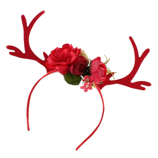 Diadema de asta de ciervo dulce con flores rosas, corona floral para la cabeza rojo