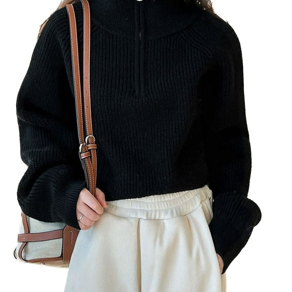 SWSMCLT Women's Crop Top Soft Pullover Sweater Zip Spring Fall Loose Oversized Warm Knit High Neck Short Winter Black Small-Large