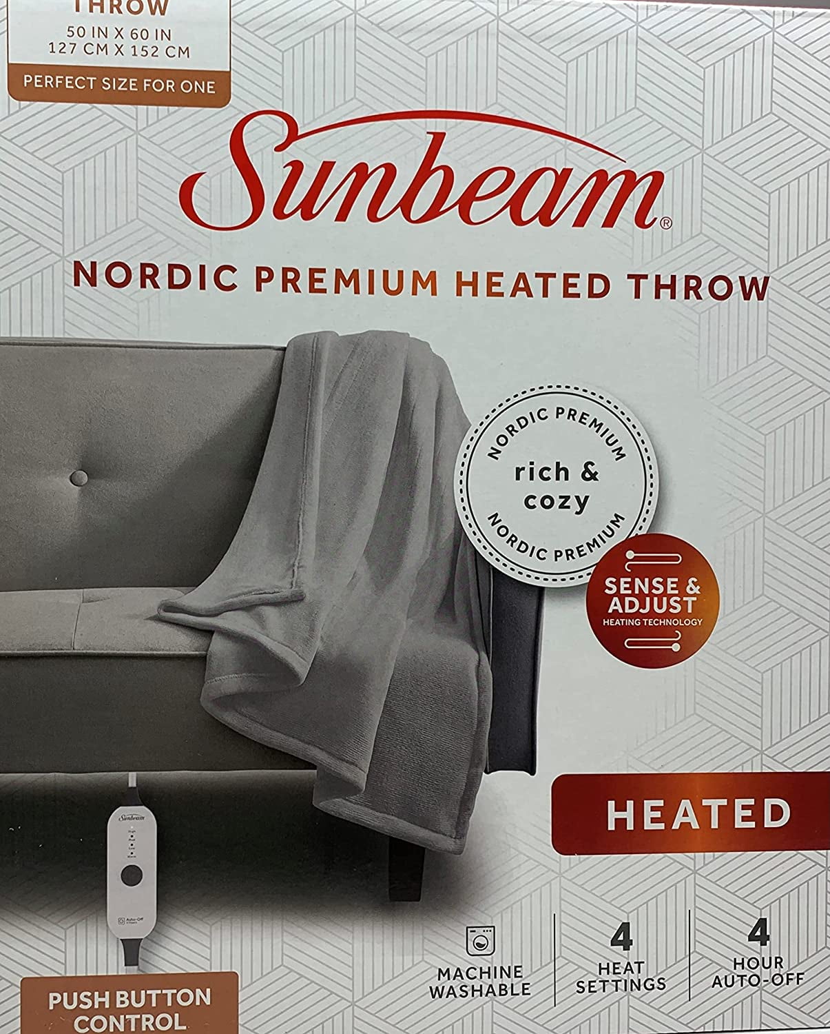 Sunbeam Nordic Premium Electric Heated Throw Blanket with 4 Heat Settings Controller, 4-Hour Auto Shut-Off, Overheat Protection UL Certified (50" x 60", Blue) (Grey)