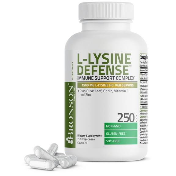 Bronson L-Lysine Defense Immune Support Complex 1500 MG L-Lysine Plus Olive Leaf, Garlic, Vitamin C and Zinc - NON-GMO, 250 Vegetarian Capsules