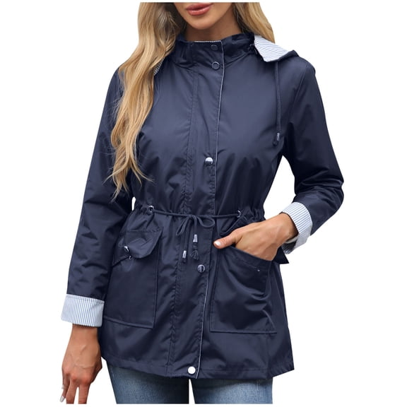 RYRJJ Women's Rain Jacket Waterproof Windbreaker Trench Coat Active Outdoor Hiking Travel Raincoat with Removable Hood(Dark Blue,L)