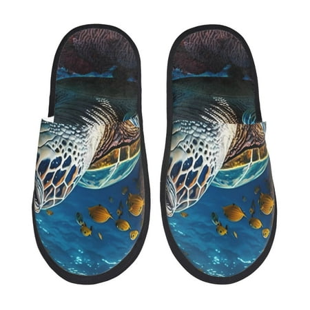 

Qekee Ocean Coral Turtle print Slippers for Women and Men Fluffy Cute Cozy House Slipper Funny Furry Bedroom Slippers for Women Indoor -Large
