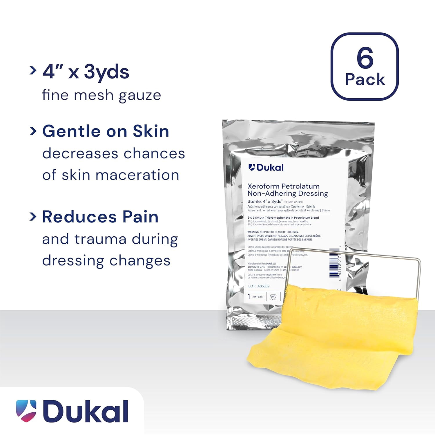 Dukal Xeroform Gauze, Sterile, Non-Adherent, 4 in x 3 yd, 6-Count