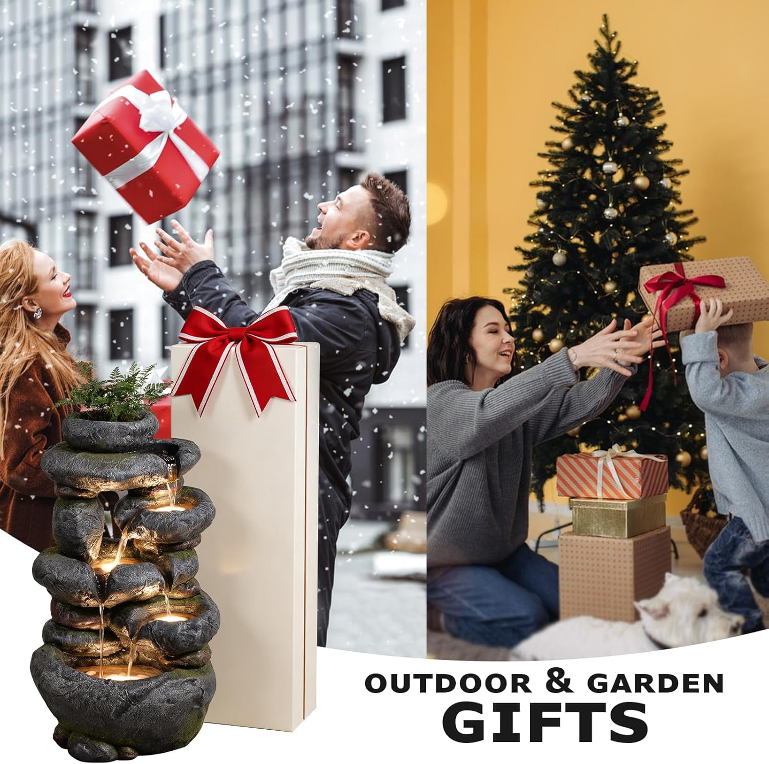 5-Tier Cascading Rock Water Fountain Outdoor, 29.5''Tall Outside Fountains and Waterfalls with Lights for Garden, Patio, Yard, Deck Home Decor with Natural Stone Look