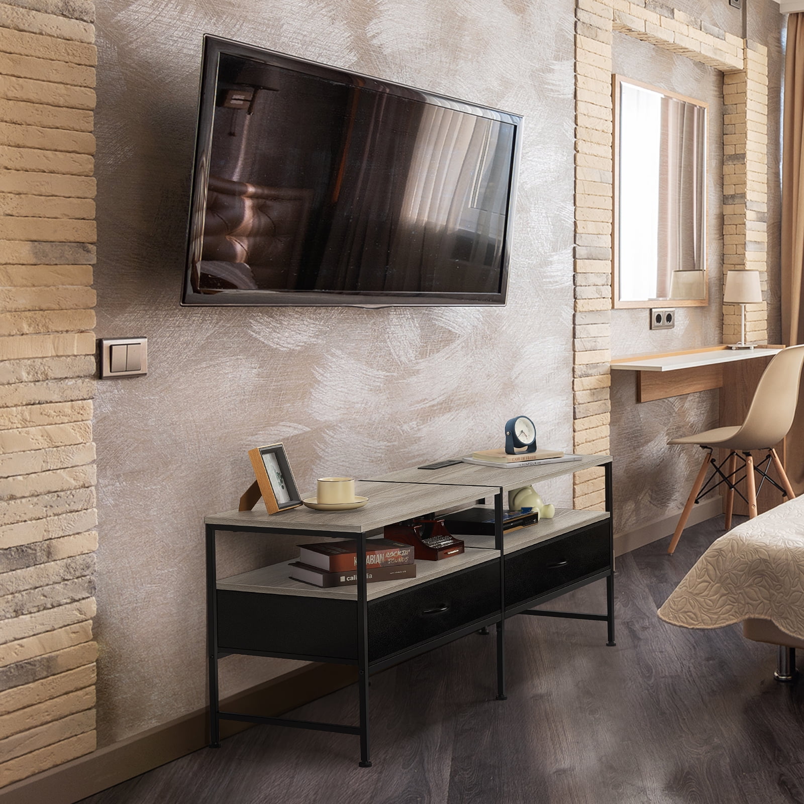 55"L Extended TV Cabinet Industrial TV Cabinet with Fabric for Living Room, Bedroom with Charging Stake Gray