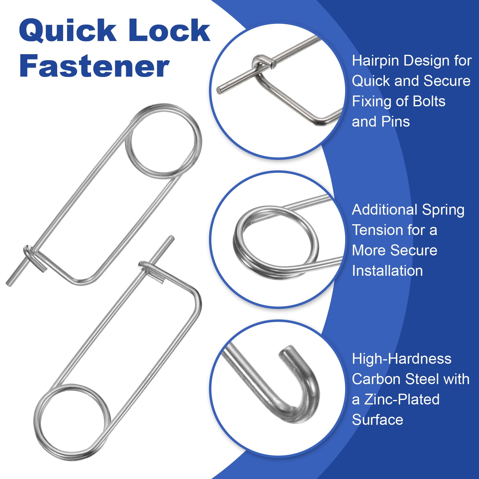 2 Pack Brooch Shape Cotter Safety Pins, 0.26x4.96 Inch Zinc-Plated Carbon Steel Quick Lock Fastener for Farm, Lawn, Garden Hitch