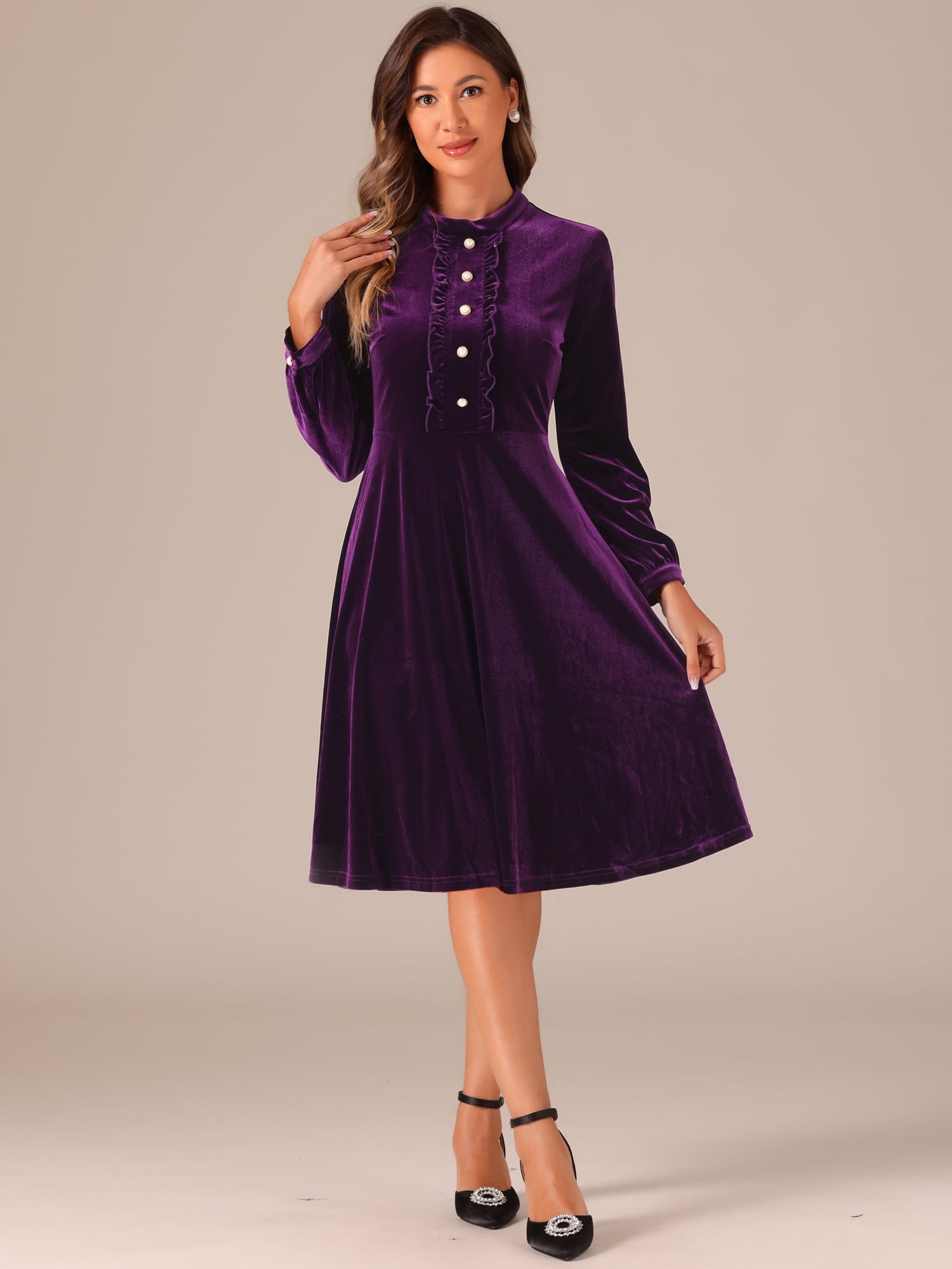 DARING DIVA Button Front Ruffle Vintage Flared Dress S Dark Purple
