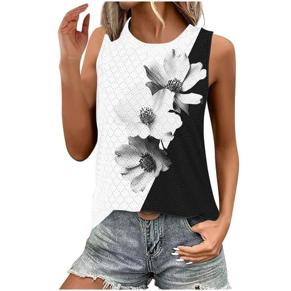 Hvot&aat Women's Crewneck Sleeveless Shirts Summer Breathable Eyelet Casual Blouse Loose Fit Tank Tops