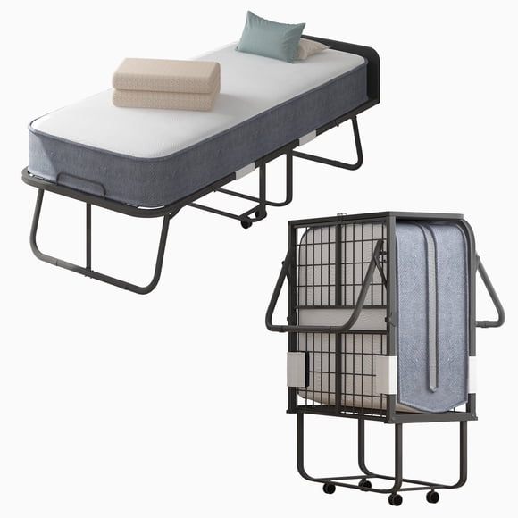 Mjkone Folding Bed with Mattress,Foldable Bed with 4 pcs Lockable Wheels,Twin Size Rollaway Bed for Small Space
