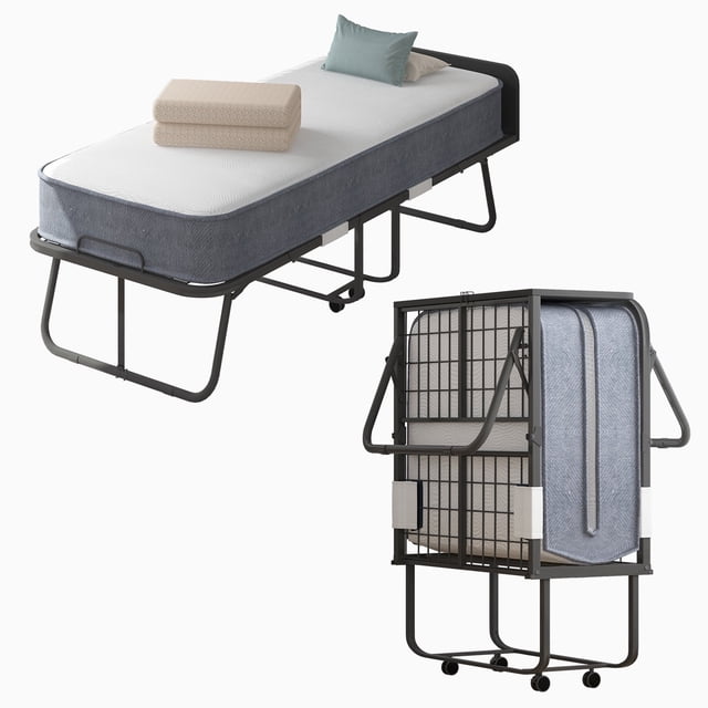 Mjkone Lit Pliant avec Matelas, Lit Pliable avec 4 Pcs Roues Verrouillables, Lit Escamotable Format Simple pour Petit Espace