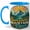 Blue, variant on Sunshine Mountains Peace Coffee Mug, Vintage Mountain Badge Mug, Outdoor Hiking Birthday Christmas Gift, Retro Lake Pine Forest Sunrise Art, 11 oz White Ceramic Coffee Cup for Tea