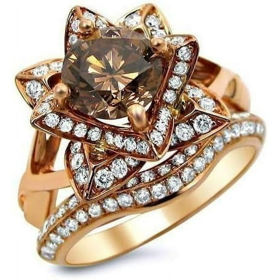 Dazzlingdaimonds Jewels 3.00 Ct Round Cut Brown Diamond Engagement Wedding Thanksgiving Christmas Bridal Ring Set 14K Rose Gold Plated 925 Sterling Silver For Women's -5